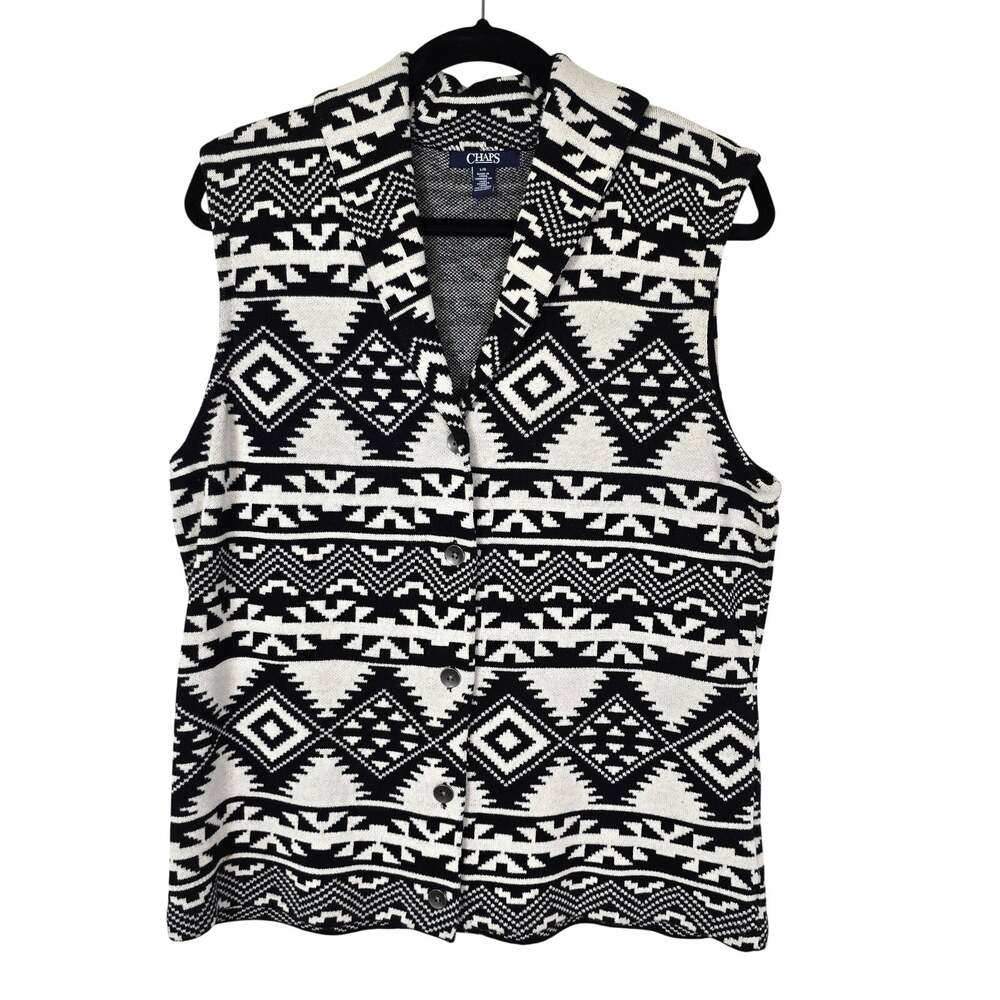 Chaps Sweater Vest Women's L Black White Southwestern Aztec Cowgirl Western
